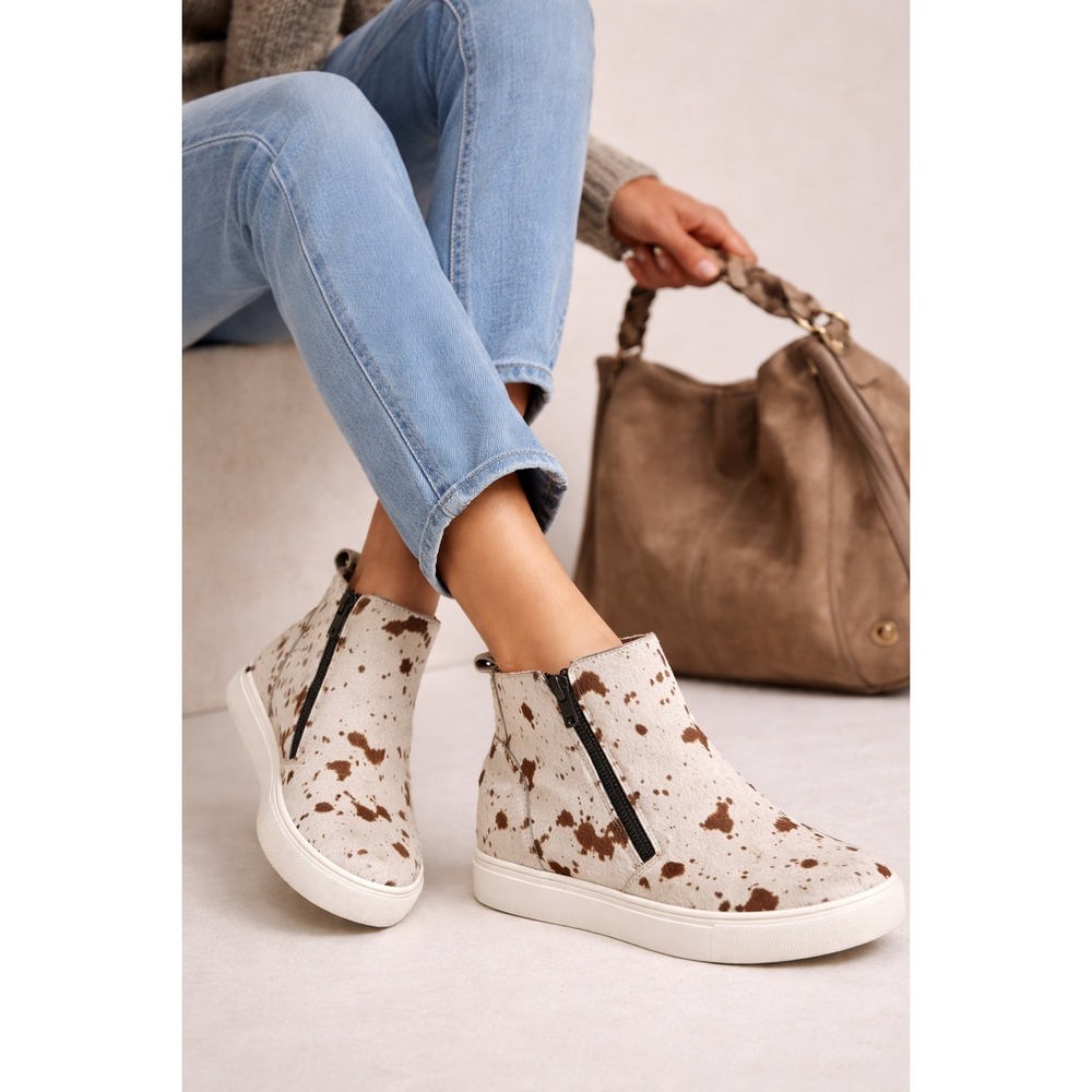 Leather Cowhide High Top Sneakers Size 11 Cow Print Zip Ankle Shoes